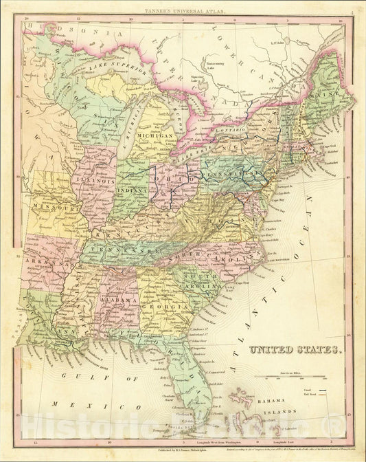 Historic Map : United States, 1839, Henry Schenk Tanner, Vintage Wall Art