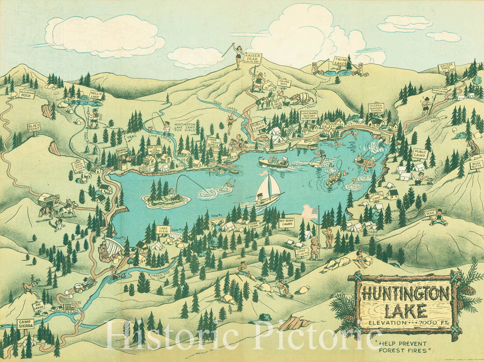 Historic Map : Pictorial Map Huntington Lake In The High Sierras, c1940, Lowell E. Jones, Vintage Wall Art