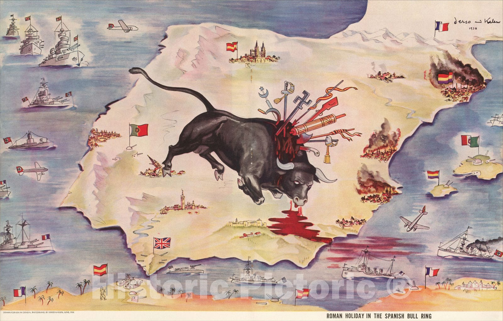 Historic Map : Roman Holiday In The Spanish Bull Ring, 1938, Emery Kelen, Vintage Wall Art