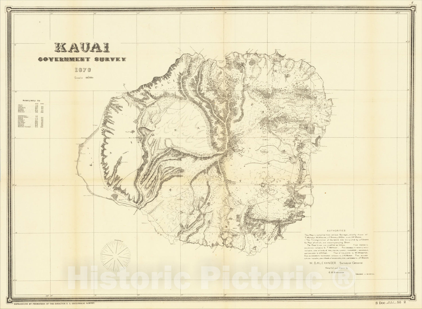 Historic Map : Kauai Government Survey 1878, 1878, Hawaiian Government Survey, Vintage Wall Art