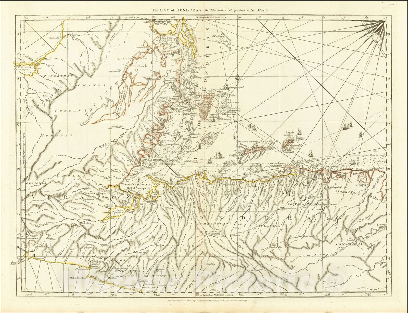Historic Map : The Bay of Honduras. By Thos. Jefferys Geographer to His Majesty, 1775, Thomas Jefferys, Vintage Wall Art