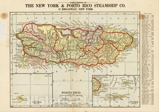 Historic Map : Porto Rico, 1914, Hammond & Co., Vintage Wall Art