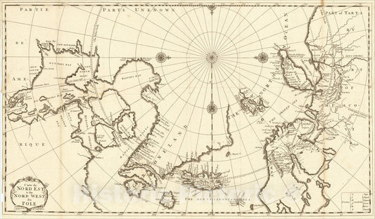 Historic Map : Carte du Nord Est and du Nord West du Pole, 1732, J.F. Bernard, Vintage Wall Art