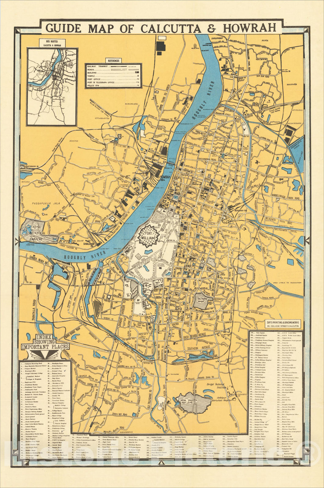 Historic Map : Guide Map of Calcutta and Howrah, c1950, , Vintage Wall Art