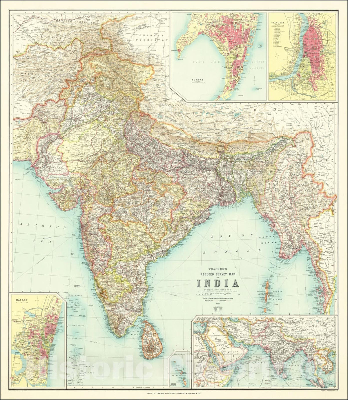 Historic Map : Thacker's Reduced Survey Map of India. By John Bartholemew, 1910, Thacker, Spink & Co., Vintage Wall Art