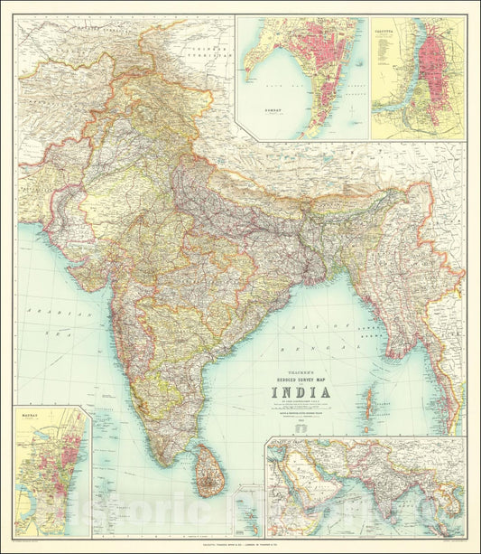 Historic Map : Thacker's Reduced Survey Map of India. By John Bartholemew, 1910, Thacker, Spink & Co., Vintage Wall Art
