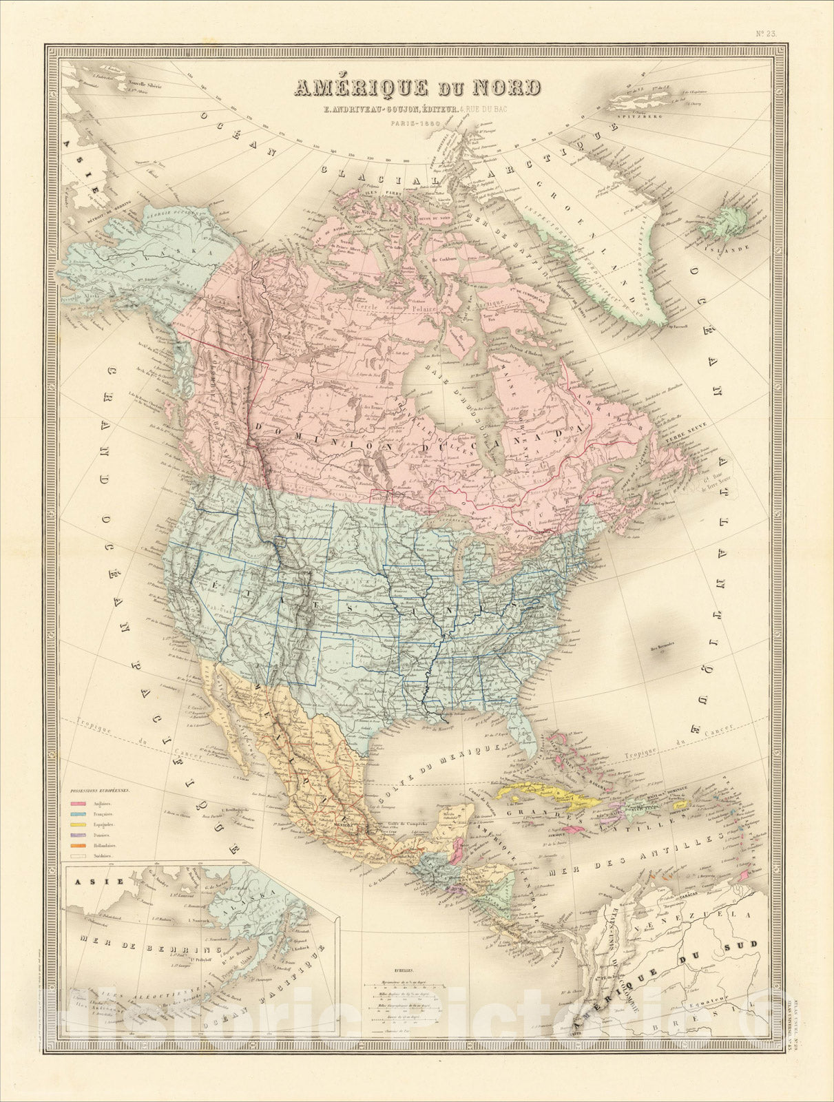Historic Map : Amerique Du Nord, 1880, 1862, J. Andriveau-Goujon, Vintage Wall Art