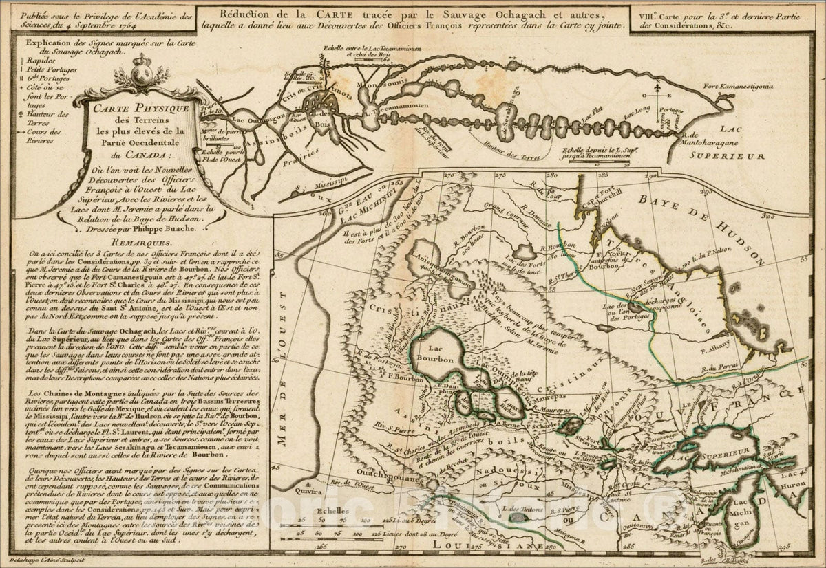 Historic Map : Native American Cartography, Bay of the West, Reduction de la Carte Tracee par le Sauvage Ochagach et autres, 1754, Philippe Buache, Vintage Wall Art