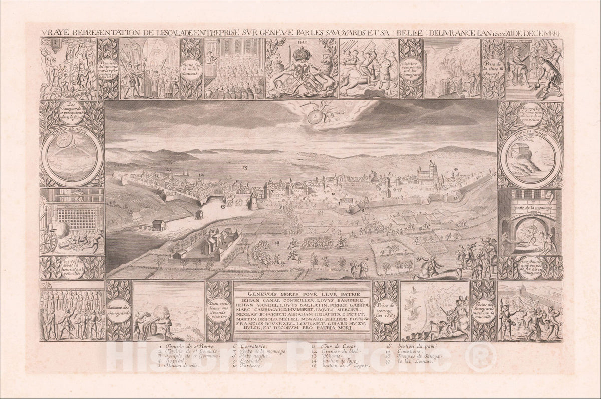 Historic Map : Vraye Representation De Lescalade Entreprise Sur Geneve Par Les Savoyards et sal Bell Deliverance L'An 1602 XII De Decembre, 1602, Vintage Wall Art