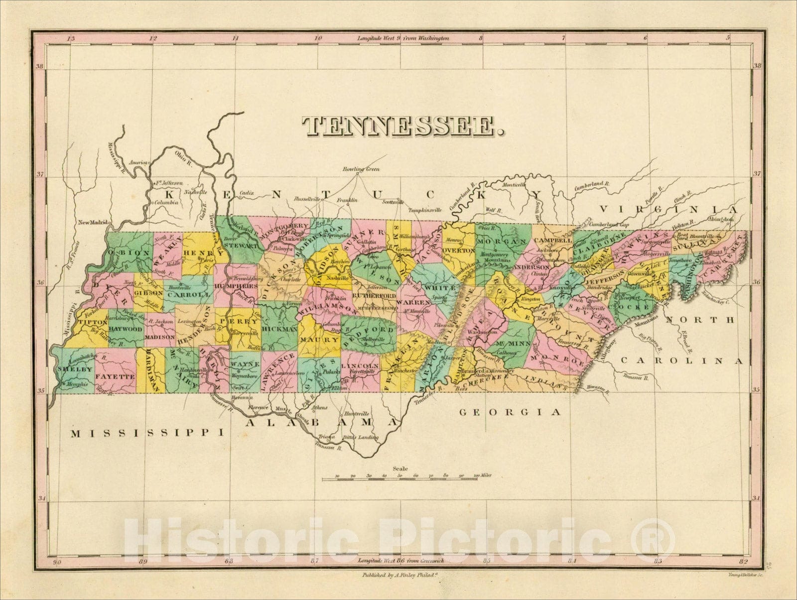 Historic Map : Tennessee, 1826, Anthony Finley, v2, Vintage Wall Art