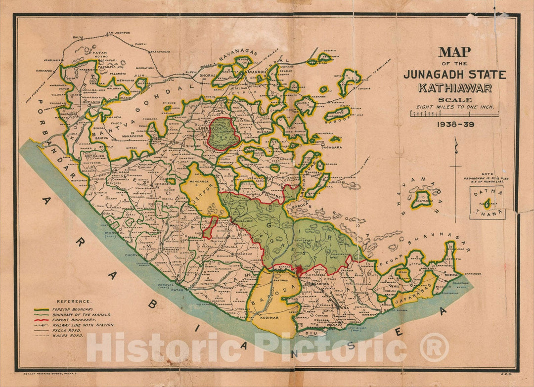 Historic Map : Map of the Junagadh State Kathiawar, 1938-39, 1939, Deccan Printing Works, Vintage Wall Art