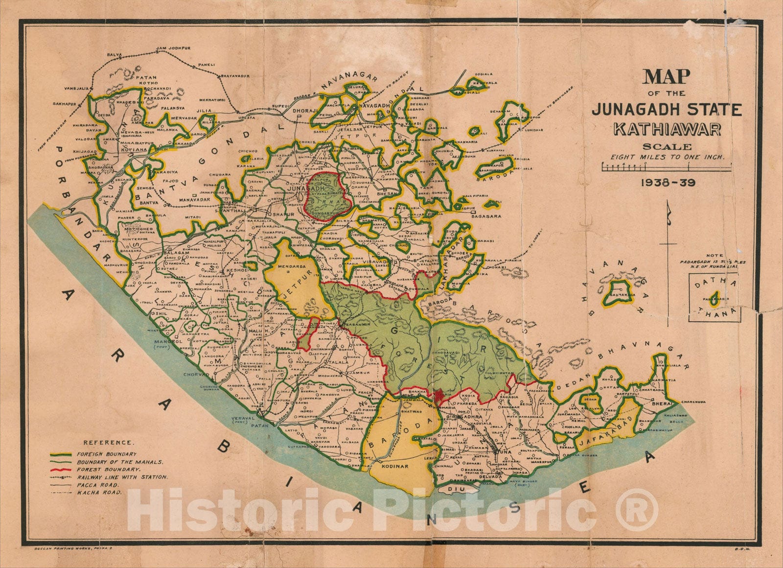 Historic Map : Map of the Junagadh State Kathiawar, 1938-39, 1939, Deccan Printing Works, Vintage Wall Art