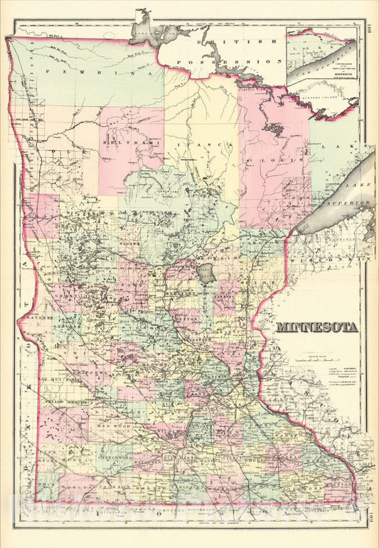 Historic Map : Minnesota, 1876, O.W. Gray, Vintage Wall Art