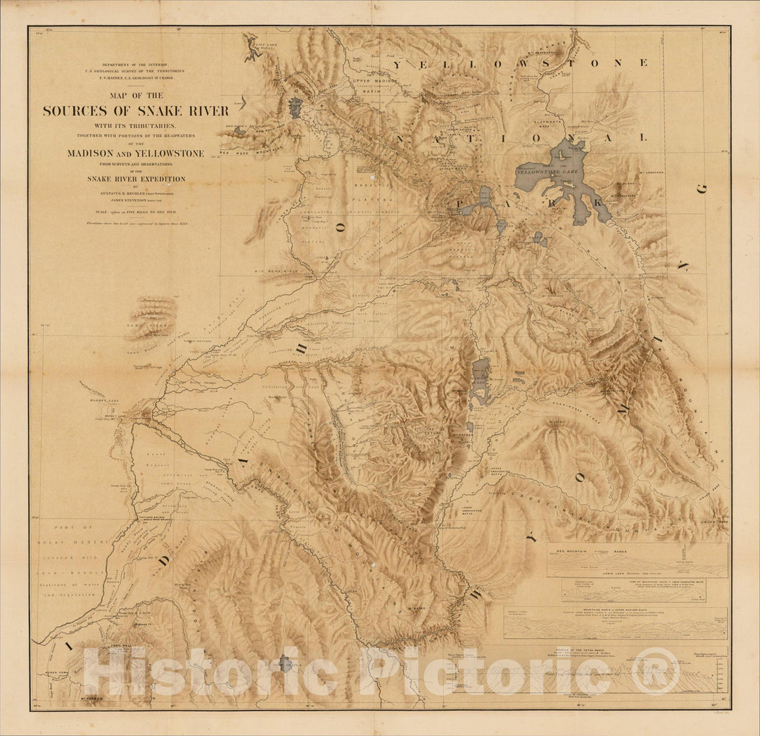 Historic Map : Map of the Sources of the Snake River With Its Tributaries, Together with Portions of the Headwaters of the Madison and Yellowstone, 1872, Vintage Wall Art