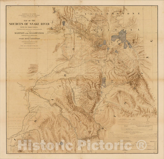 Historic Map : Map of the Sources of the Snake River With Its Tributaries, Together with Portions of the Headwaters of the Madison and Yellowstone, 1872, Vintage Wall Art