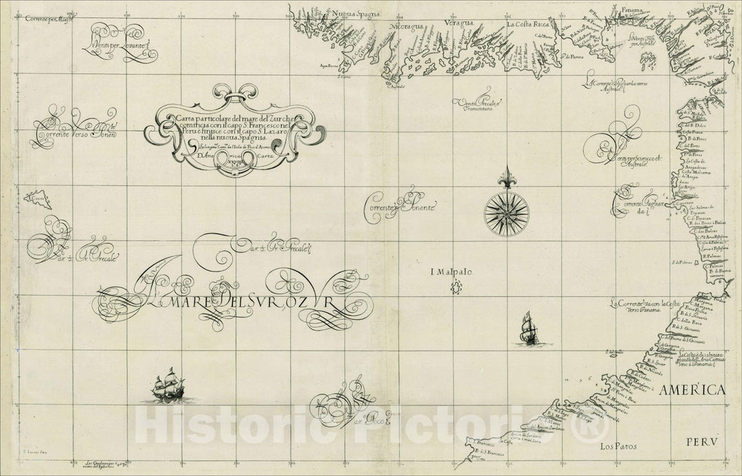 Historic Map : Carta particolare del'mare del Zur che comincia con il capo S. Francesco nel Peru e finisce con il capo S. Lazaro nella nuova Spagnia, 1661, Vintage Wall Art