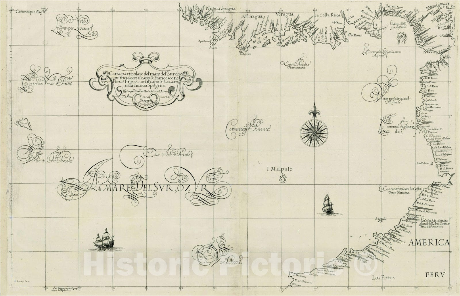 Historic Map : Carta particolare del'mare del Zur che comincia con il capo S. Francesco nel Peru e finisce con il capo S. Lazaro nella nuova Spagnia, 1661, Vintage Wall Art