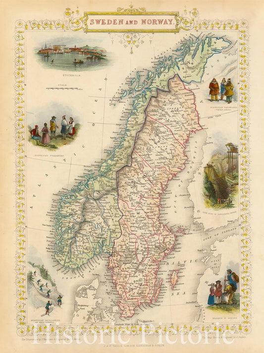Historic Map : Sweden and Norway, 1851, John Tallis, Vintage Wall Art