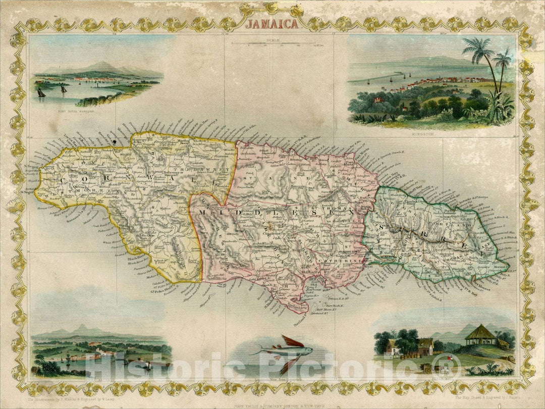 Historic Map : Jamaica, 1851, John Tallis, v3, Vintage Wall Art