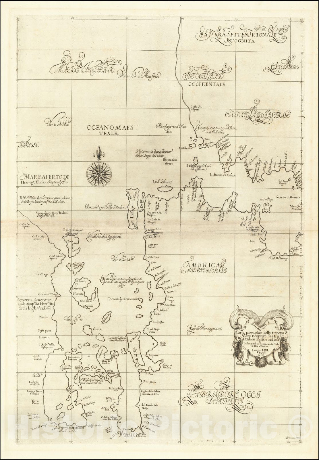 Historic Map : Carta particolare dello istreto e Mare iscoperto da Hen:o Hudson Ingilese nel 1611, 1654, Robert Dudley, Vintage Wall Art