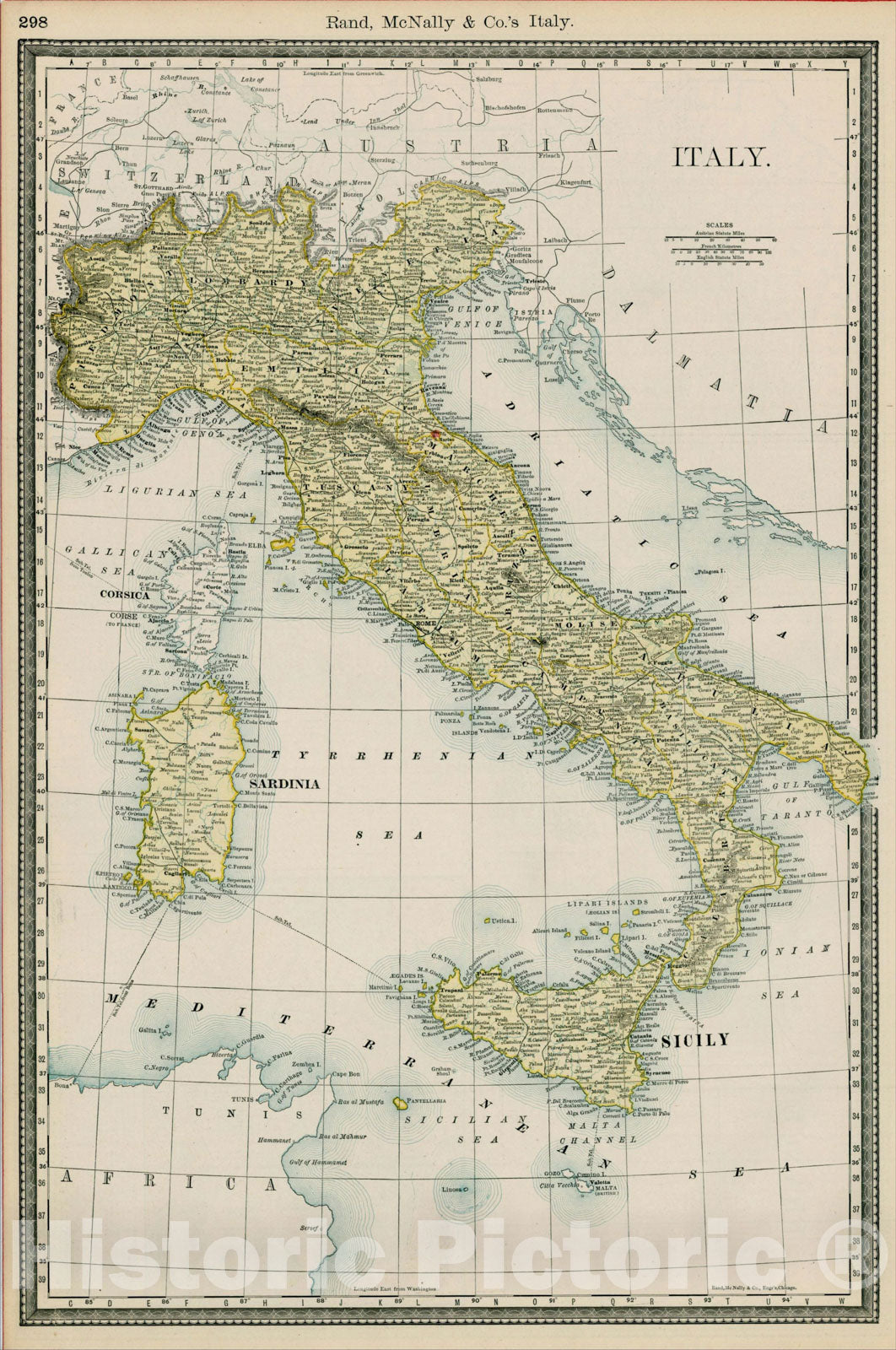 Historic Map : Italy, 1890, Rand McNally & Company, Vintage Wall Art