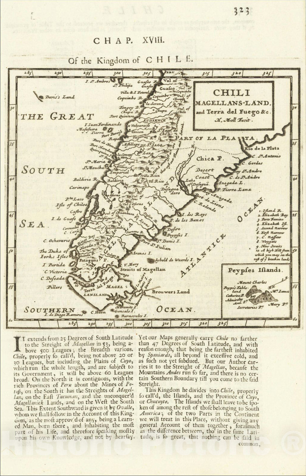 Historic Map : Chili Magellans-Land, and Terra del Fuego &c. (With Samuel Pepys Island), c1701, Herman Moll, Vintage Wall Art