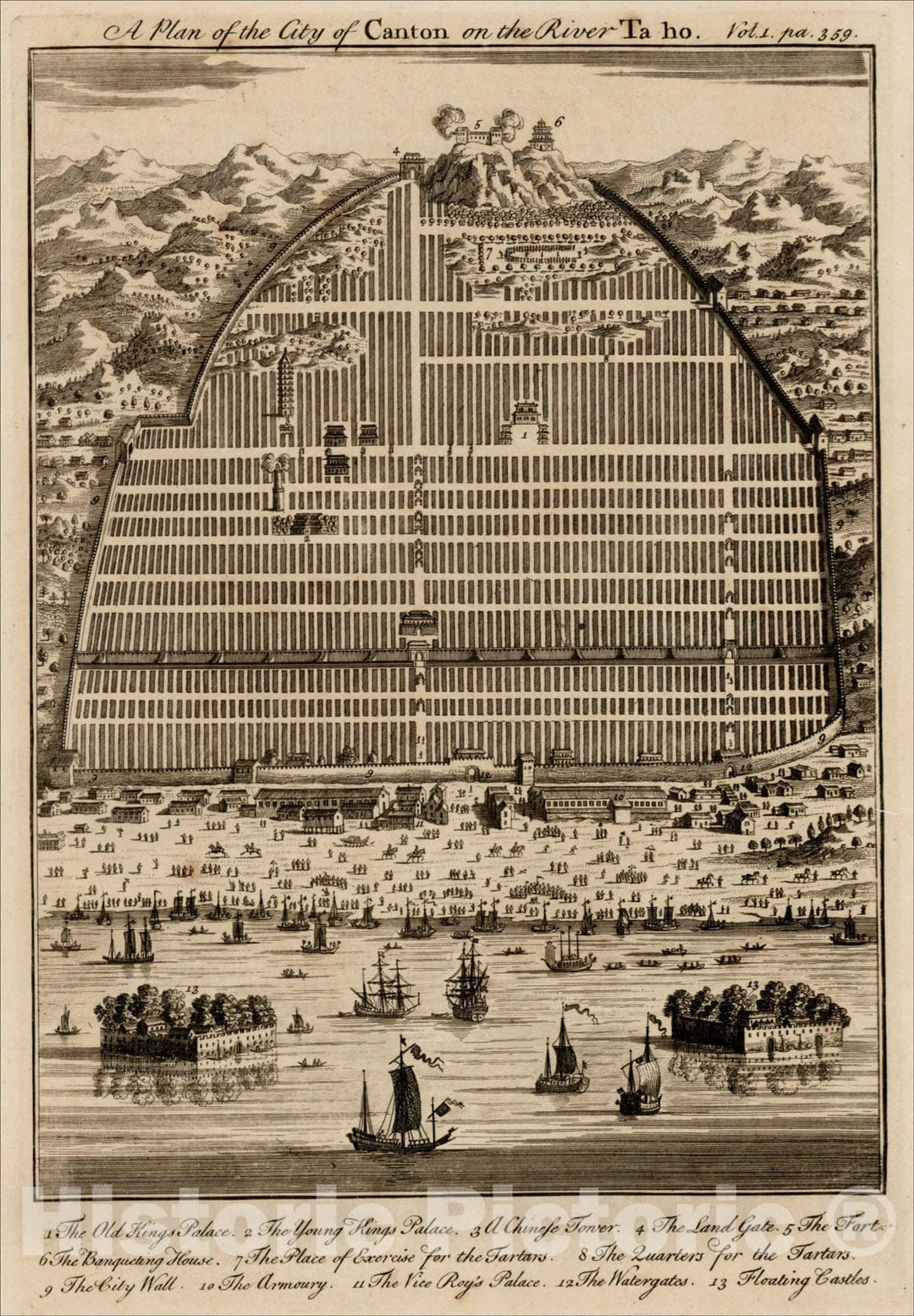 Historic Map : A Plan of the City of Canton on the River Ta ho, 1744, Emanuel Bowen, Vintage Wall Art