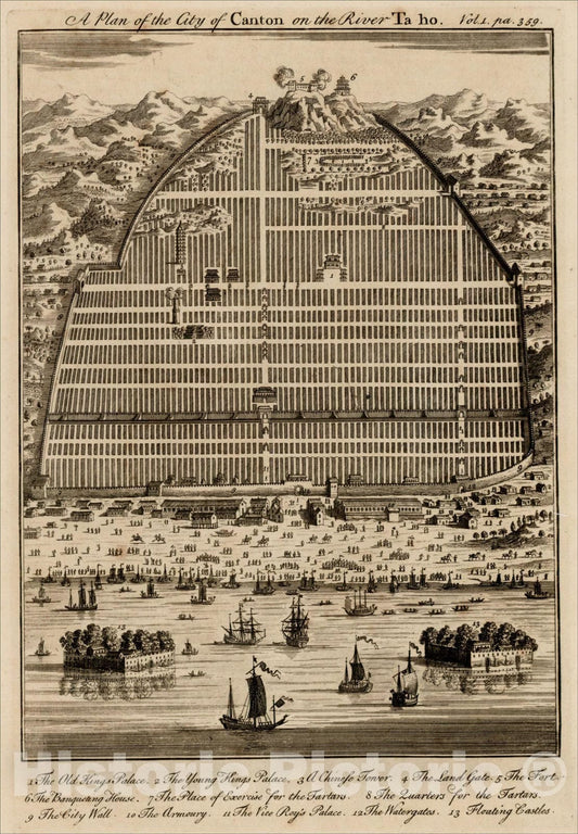 Historic Map : A Plan of the City of Canton on the River Ta ho, 1744, Emanuel Bowen, Vintage Wall Art
