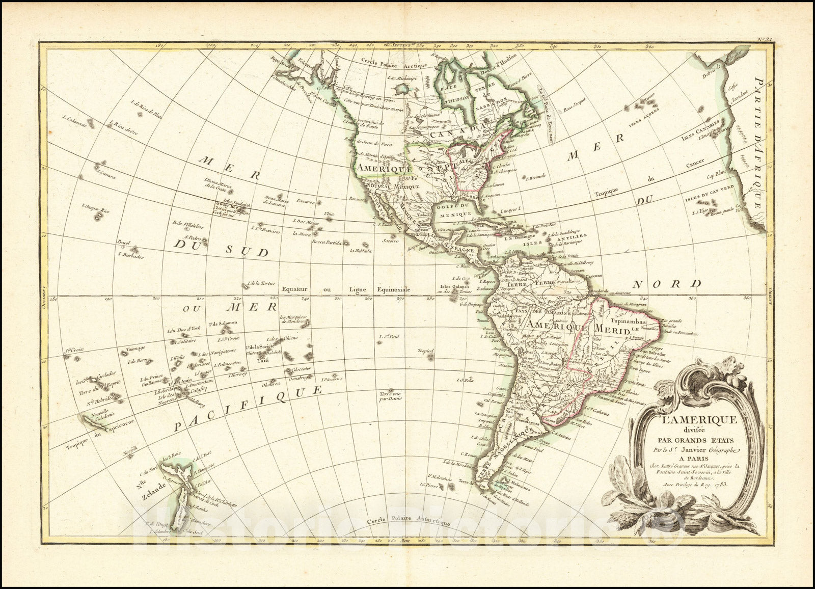 Historic Map : L'Amerique divisee Par Grands Etats, 1783, 1783, Jean Janvier, v2, Vintage Wall Art