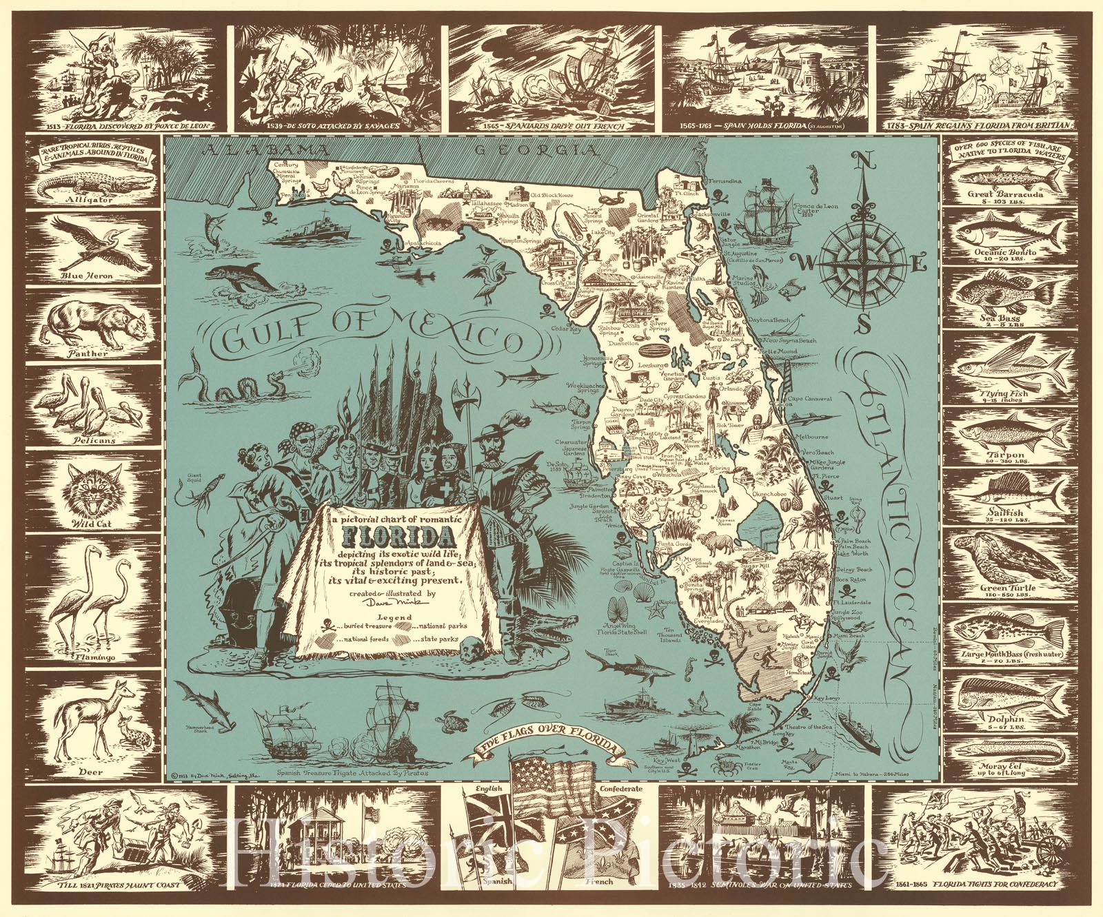 Historic Map : Pictorial chart of romantic Florida depicting its exotic wild life; its tropical splendors of land & sea, 1951, David D.C. Mink, Vintage Wall Art