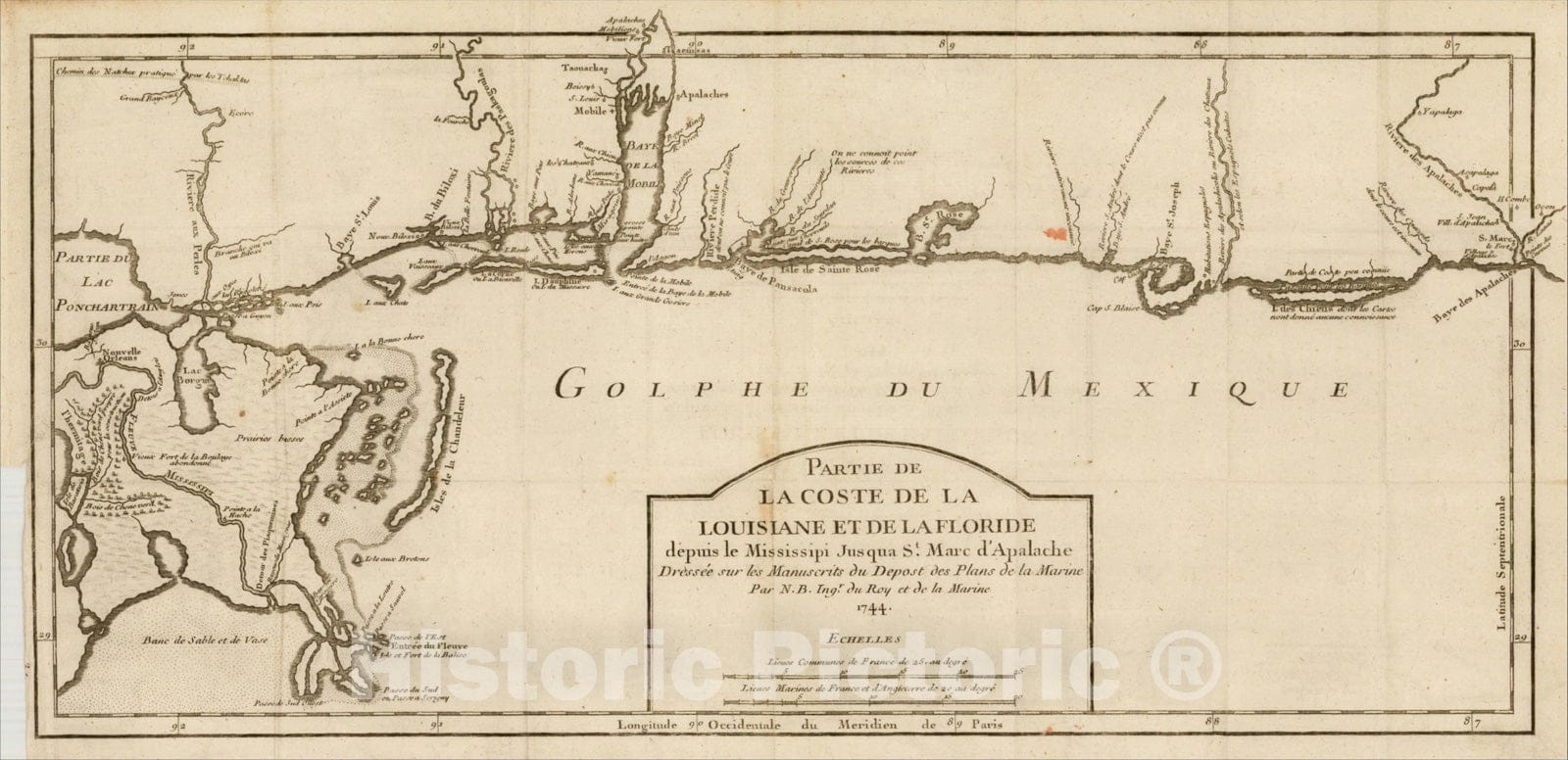 Historic Map : Partie de la Coste de la Louisiane et de la Floride depuis le Mississipi Jus qua St. Marc d'Apalache, 1744, 1744, Jacques Nicolas Bellin, v2, Vintage Wall Art