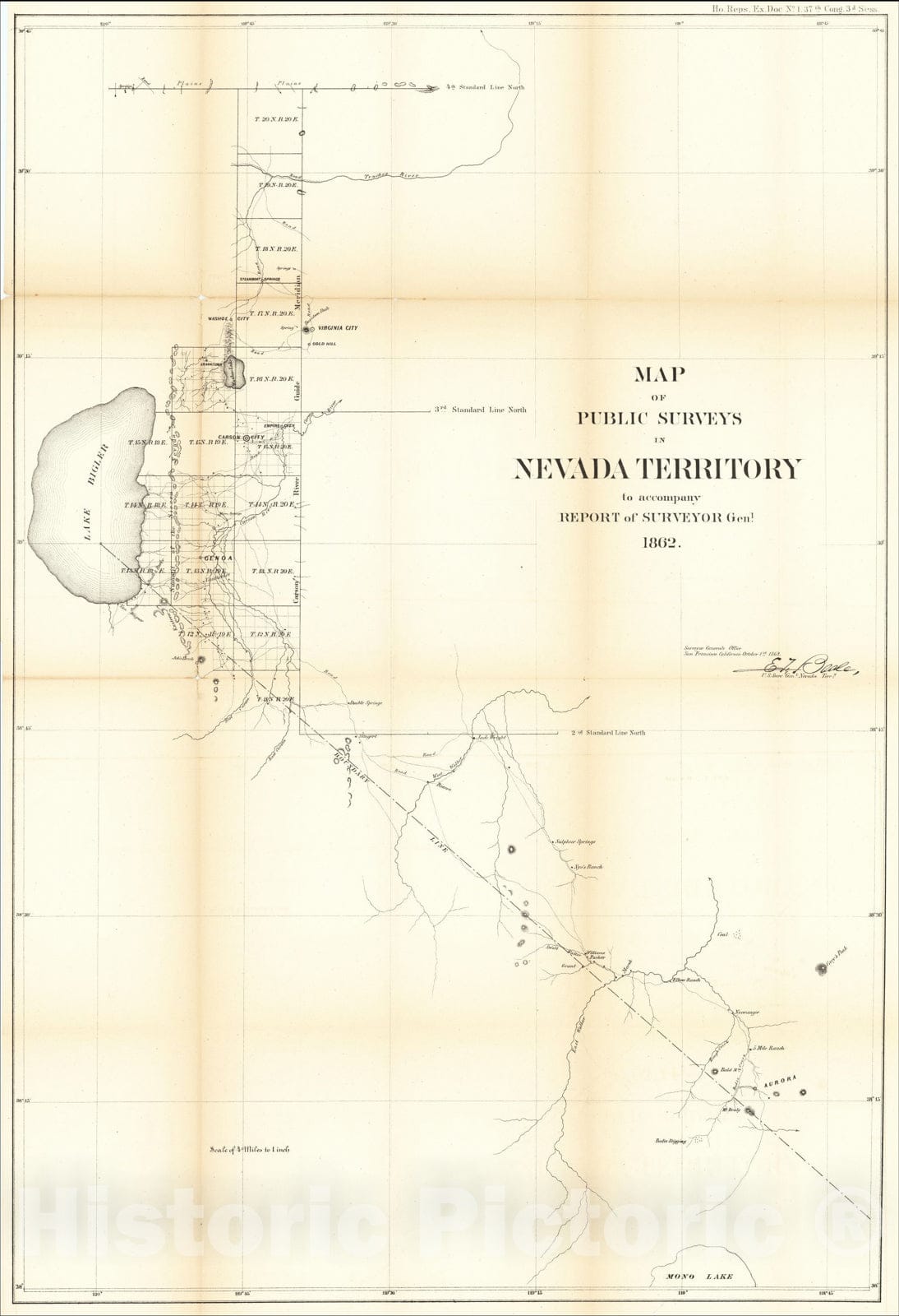 Historic Map : Map of Public Surveys in Nevada Territory to Accompany Report of the Surveyor General. 1862, 1862, U.S. General Land Office, Vintage Wall Art