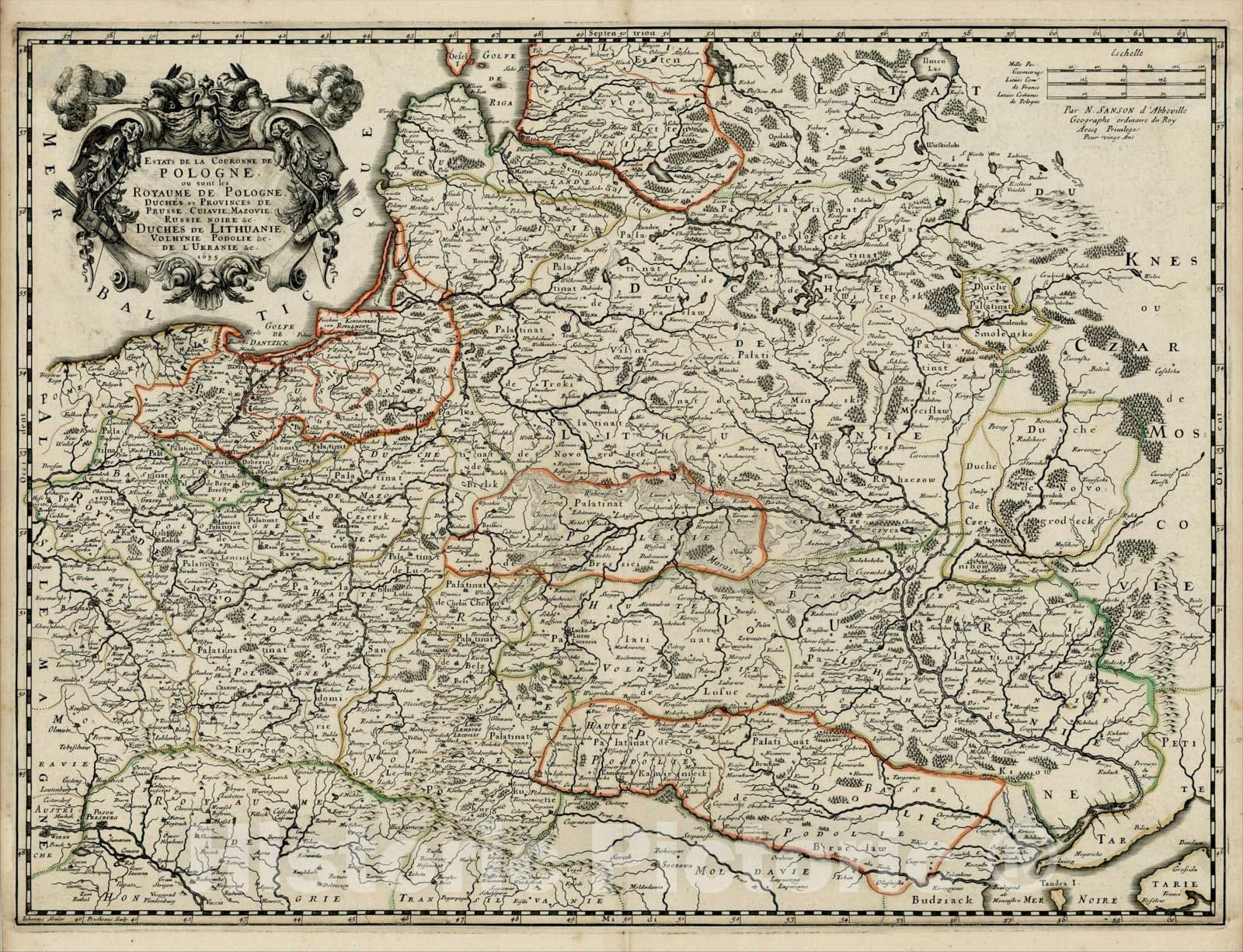 Historic Map : Estats De La Couronne De Pologne ou sont les Royaume de Pologne, Duches et Provinces De Prusse, Cuiavee, 1655, Nicolas Sanson, Vintage Wall Art