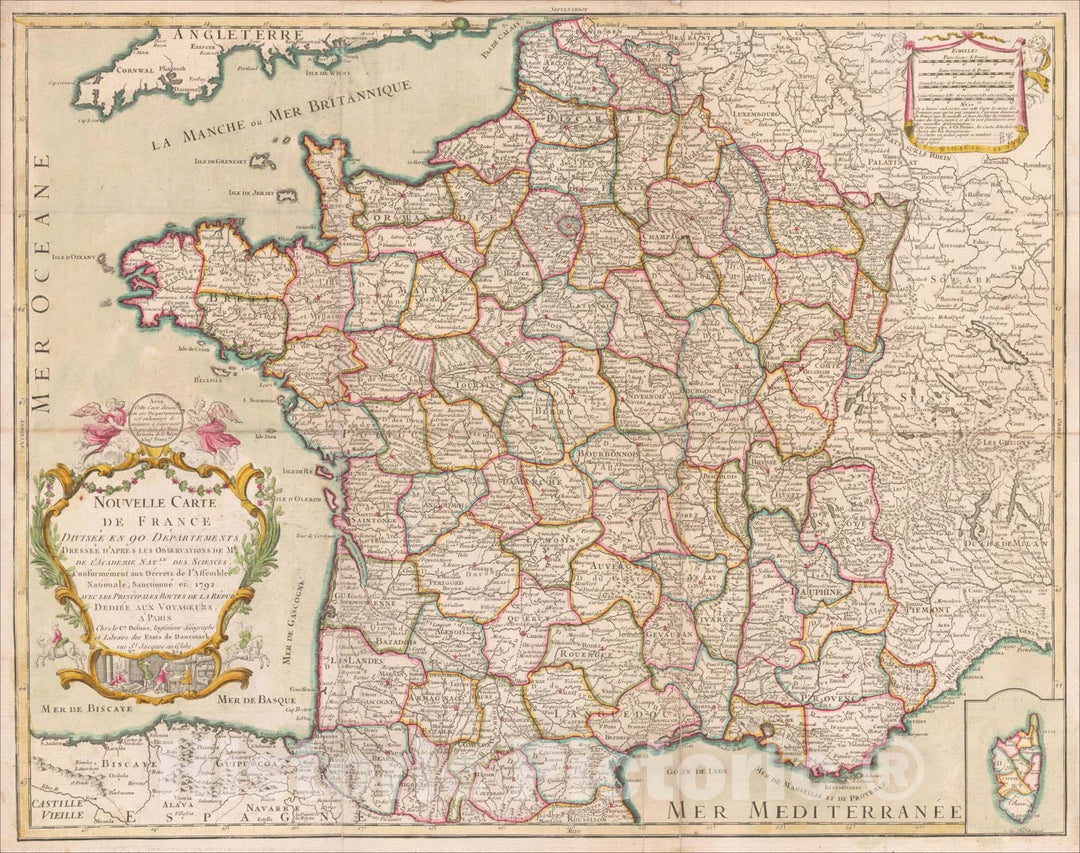 Historic Map : Nouvelle Carte de France Divisee en 9 Departements Dressee d'Apres Les Observations, 1792, Louis Charles Desnos, Vintage Wall Art
