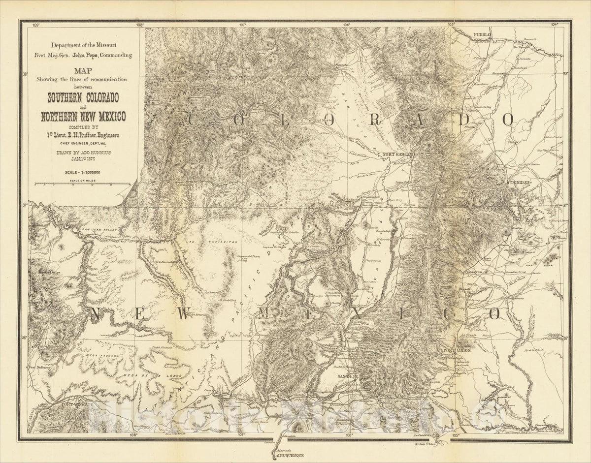 Historic Map : Map Showing the lines of Communication between Southern Colorado and Northern New Mexico, 1876, U.S. Government, Vintage Wall Art