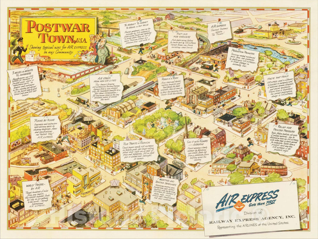 Historic Map : Postwar Town, U.S. A. Showing typical uses for Air Express in any Community., 1945, Air Express Division, Railway Express Agency Inc, Vintage Wall Art
