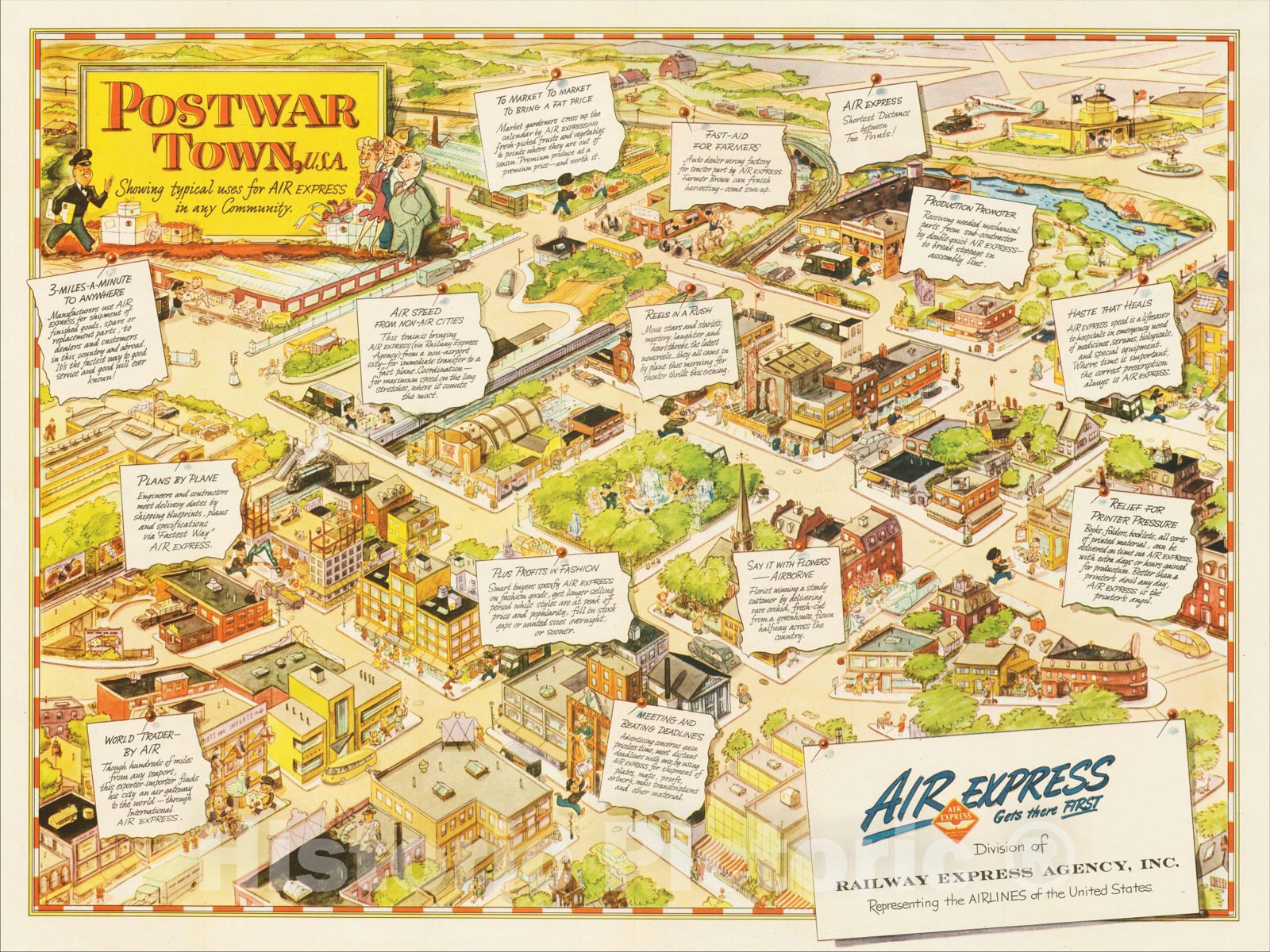 Historic Map : Postwar Town, U.S. A. Showing typical uses for Air Express in any Community., 1945, Air Express Division, Railway Express Agency Inc, Vintage Wall Art