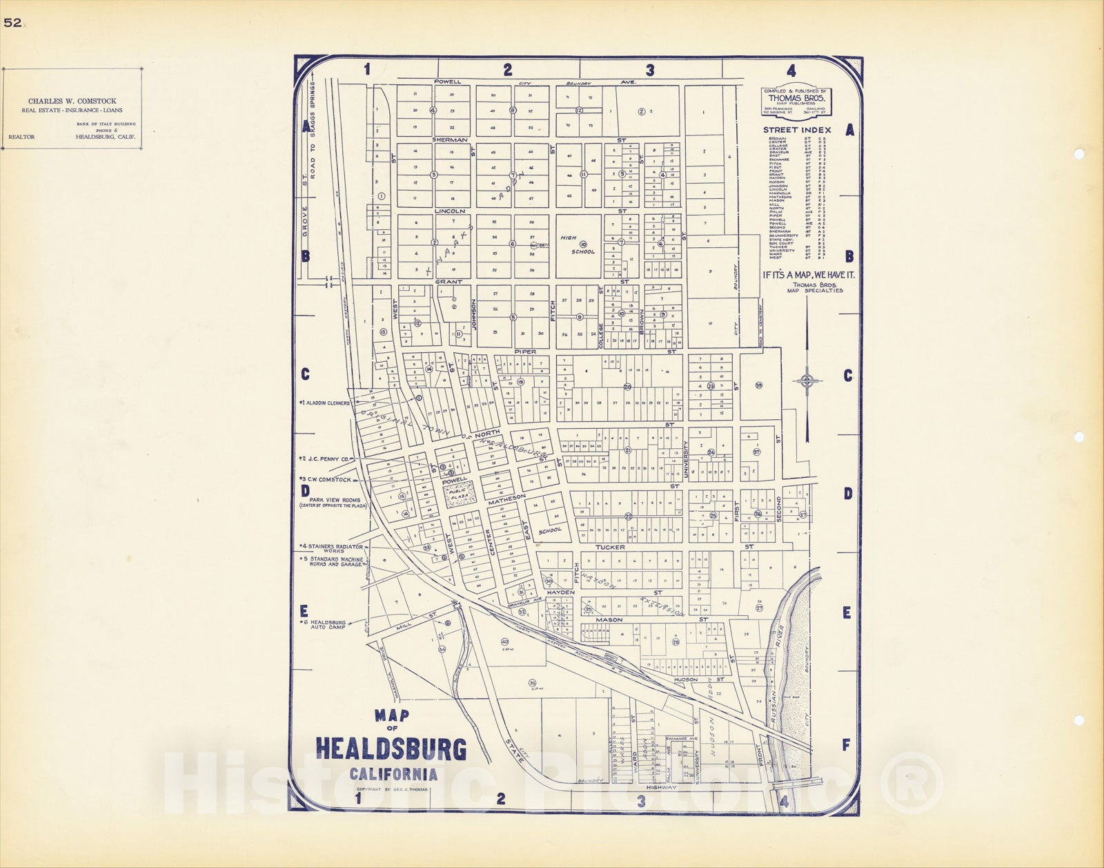 Historic Map : Thomas Bros. Map of Healdsburg California (Sunnyvale on verso), 1920, Thomas Brothers, Vintage Wall Art