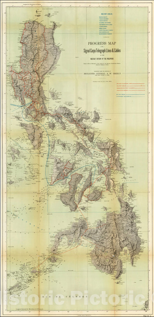 Historic Map : Progress Map of Signal Corps Telegraph Lines & Cables In The Military Division of the Philippines Basedon Map of Montero y Gay, 1900, Vintage Wall Art
