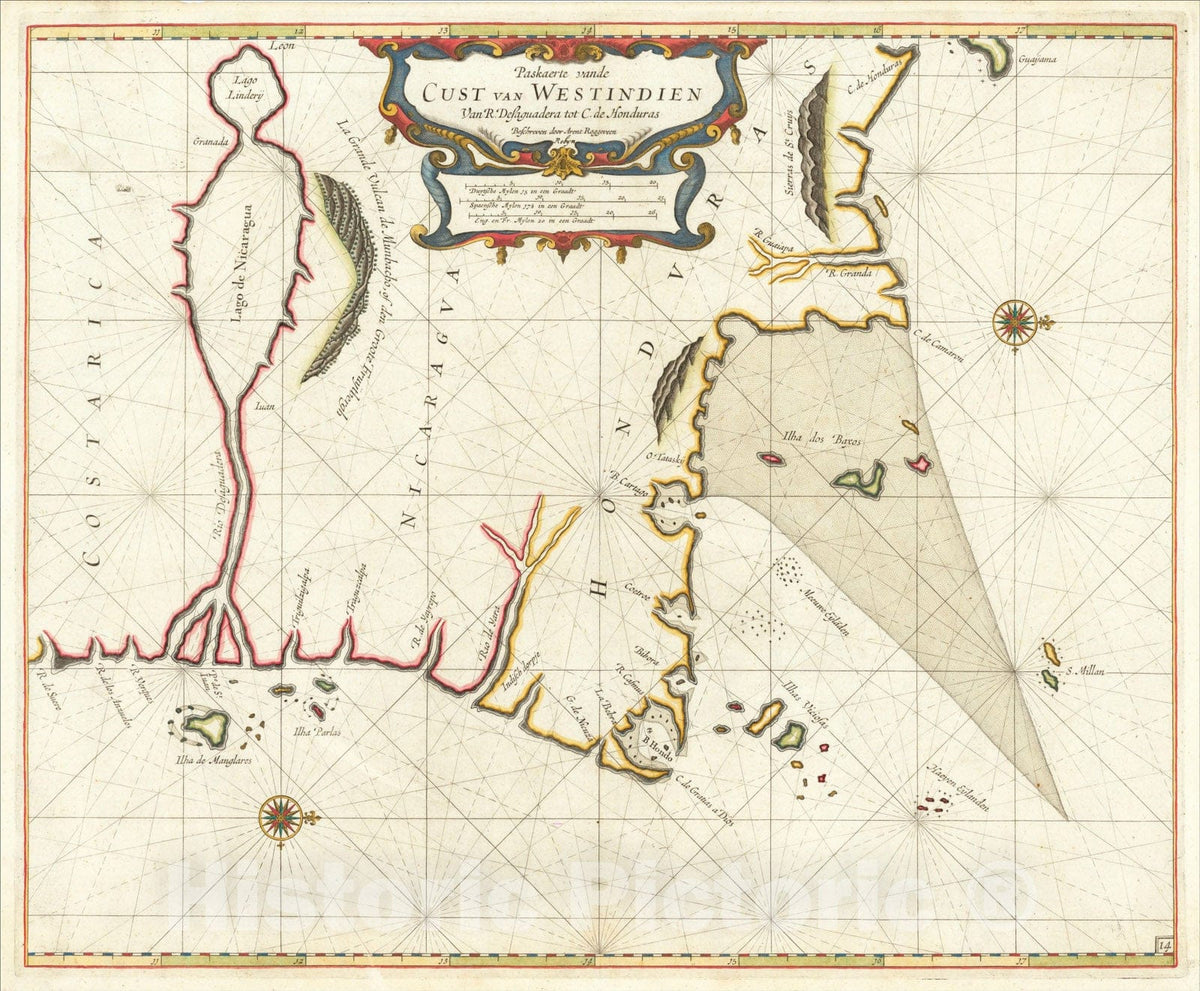 Historic Map : Paskaerte vande Cust van Westindien van R. Desaguadera tot C. de Honduras, 1675, Arent Roggeveen, Vintage Wall Art