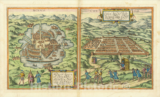 Historic Map : Mexico Regia et Celebris Hispaniae Novae Civitas (and) Cusco, Rengi Peru in Novo Orbe, 1572, Georg Braun, v2, Vintage Wall Art