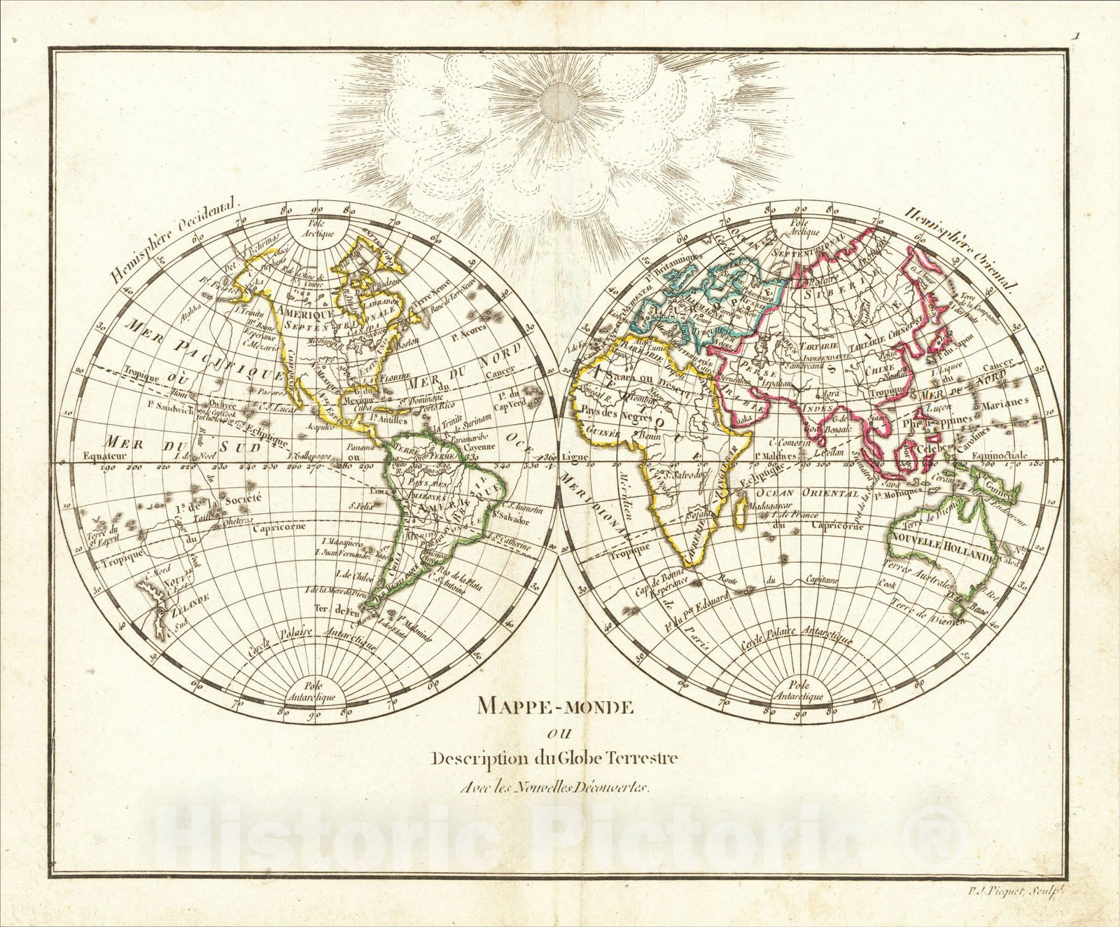 Historic Map : Mappe-Monde ou Description du Globe Terrestre Avec les Nouvelles Decouvertes, c1790, Charles Francois Delamarche, Vintage Wall Art