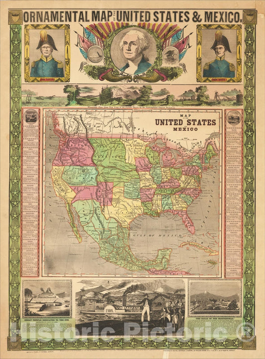 Historic Map : Ornamental Map of the United States and Mexico, 1848, Ensign & Thayer, Vintage Wall Art