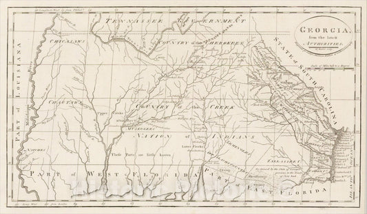 Historic Map : Georgia from the latest Authorities, 1795, Matthew Carey, Vintage Wall Art