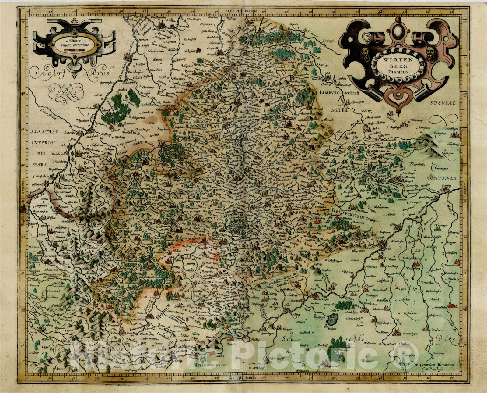 Historic Map : Wurtemberg (gold highlights), 1595, Gerard Mercator, Vintage Wall Art