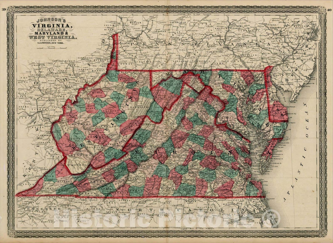 Historic Map : Johnson's Virginia, Delaware, Maryland & West Virginia, 1869, Alvin Jewett Johnson, Vintage Wall Art