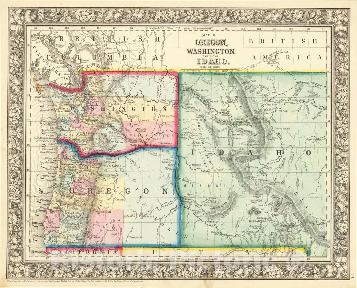 Historic Map : Map of Oregon, Washington and Part of Idaho [First Appearance Of Idaho Territory], 1864, Samuel Augustus Mitchell Jr., Vintage Wall Art