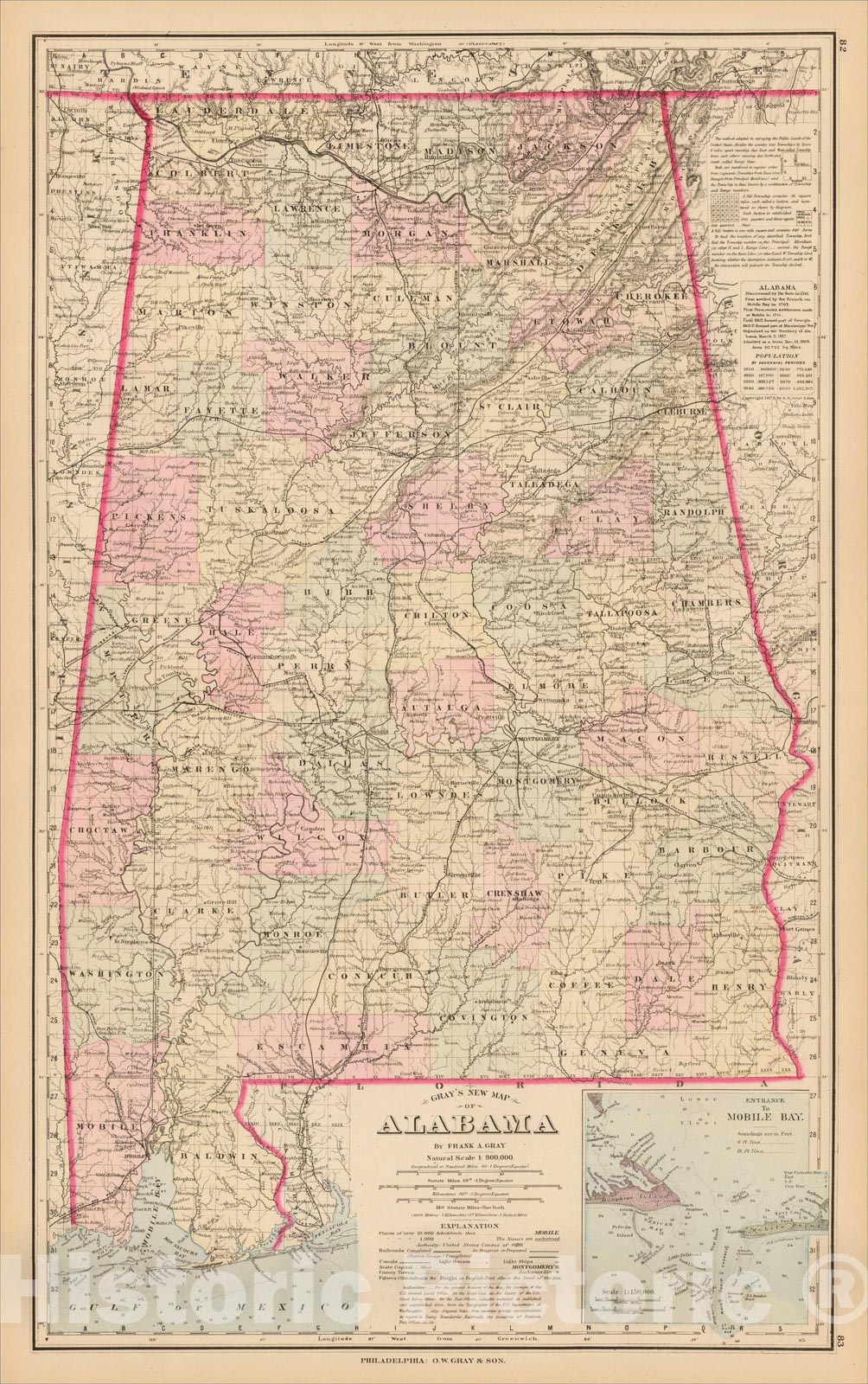 Historic Map : Gray's New Map of Alabama, 1878, O.W. Gray, Vintage Wall Art