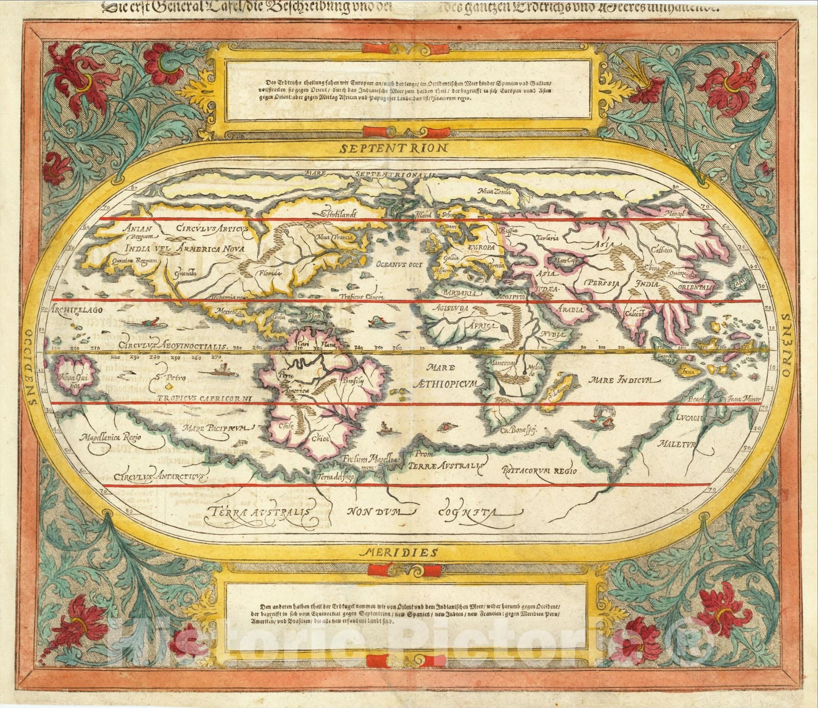 Historic Map : Die erst General Tafel, Die Beschreibung und den Circkel des gantzen Erdtrichs und Deeres innhaltende, 1590, Sebastian Munster, Vintage Wall Art