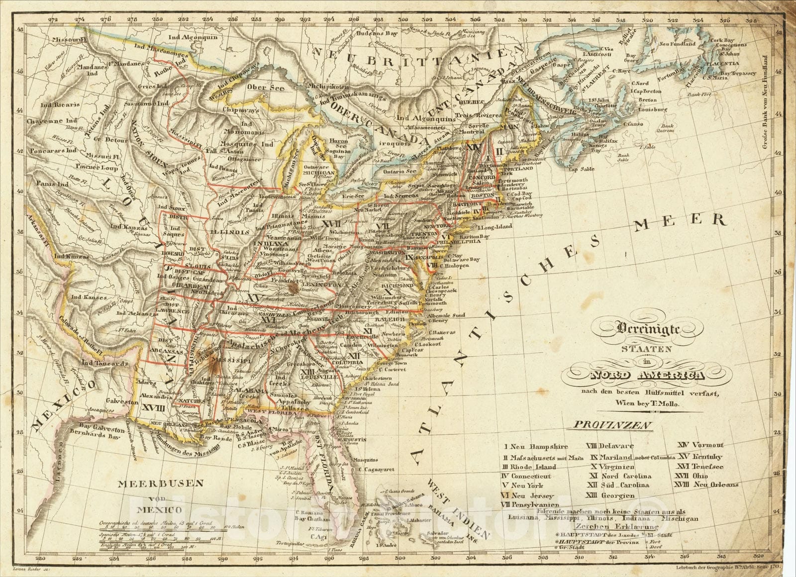 Historic Map : Vereinigte Staaten in Nord America, 1818, Tranquillo Mollo, Vintage Wall Art
